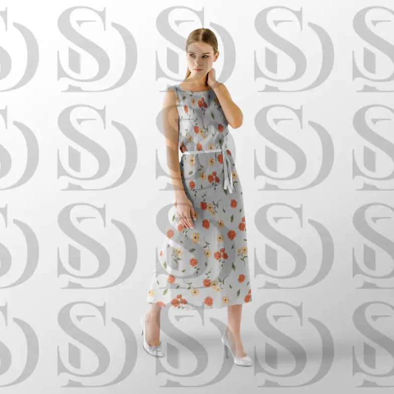 Peach blossom floral pattern displayed on a flowing dress mockup