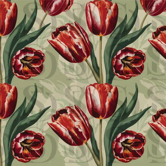 Classic red tulip floral pattern arranged on a soft sage green background