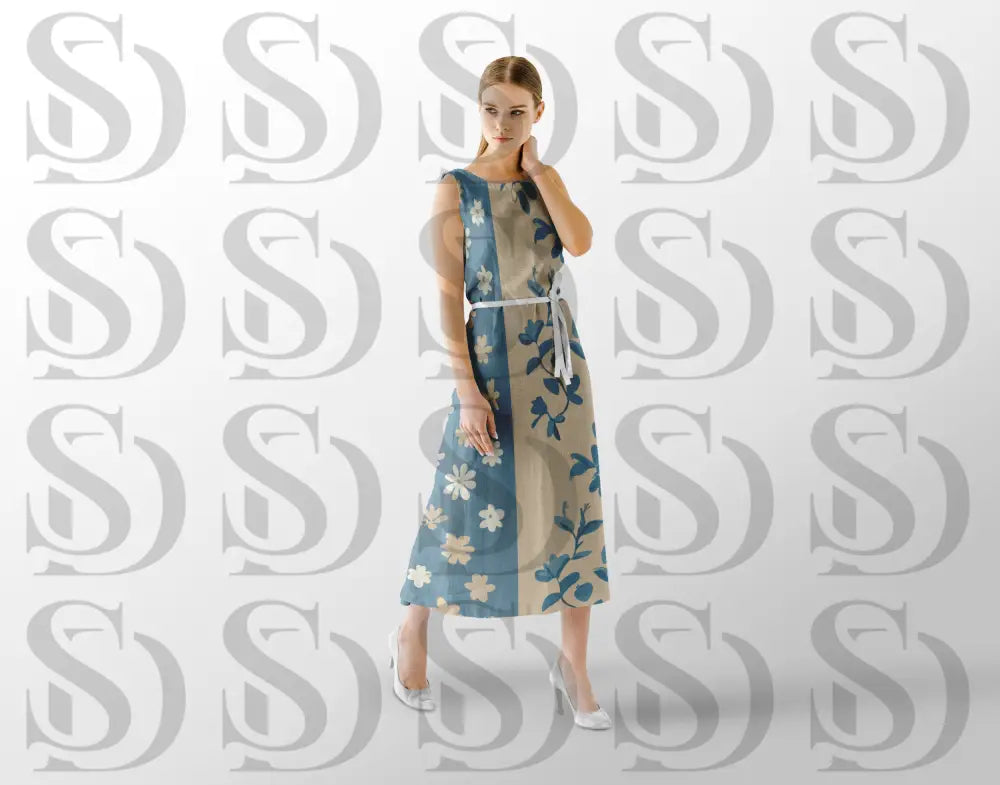 Floral stripe fabric design displayed on women’s dress mockup