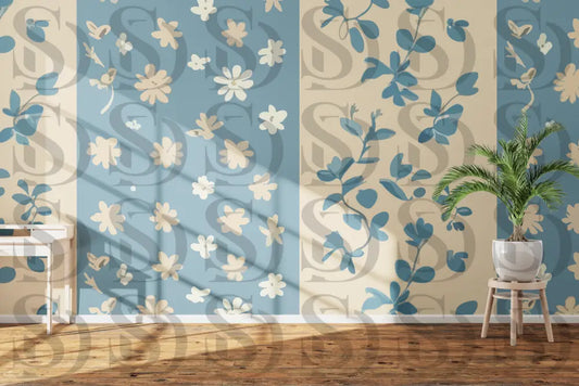 Vintage floral stripe wallpaper pattern with soft blue flowers