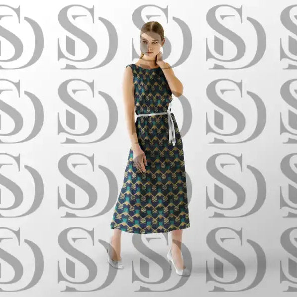 Elegant art deco blue and gold geometric pattern displayed on a women’s dress mockup