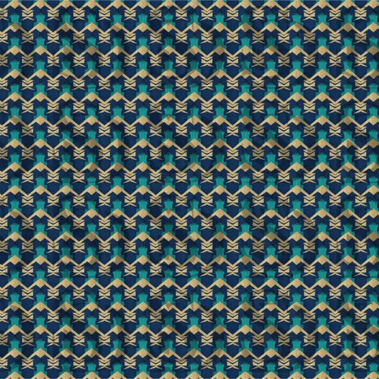 Seamless art deco geometric pattern featuring blue and gold lattice design