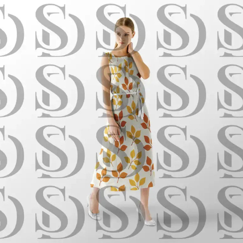 Autumn leaf seamless pattern displayed on a sleeveless dress mockup