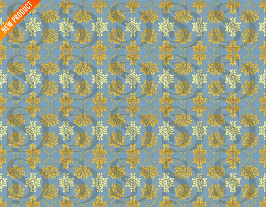 Seamless blue and gold botanical damask pattern with symmetrical floral motifs