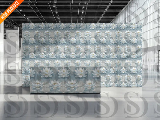 Blue lotus floral seamless pattern applied as elegant interior wallpaper