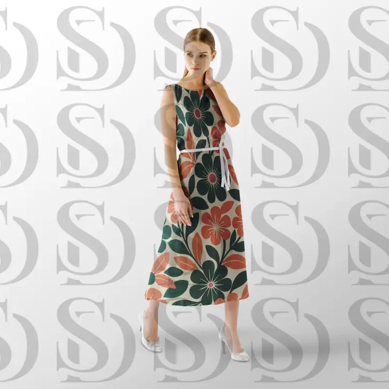 Bold retro floral seamless pattern applied on women’s sleeveless dress mockup