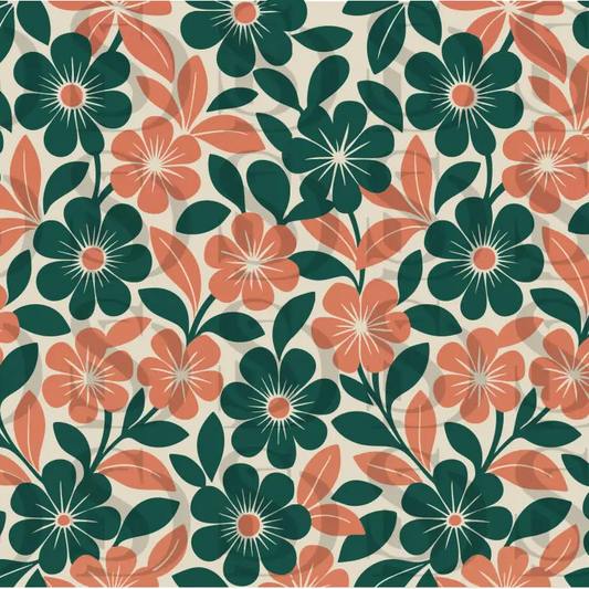 Bold retro floral seamless pattern with green and terracotta botanical flowers