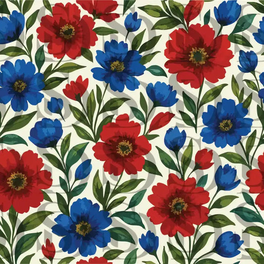 Seamless floral pattern with red and blue flowers and green leaves
