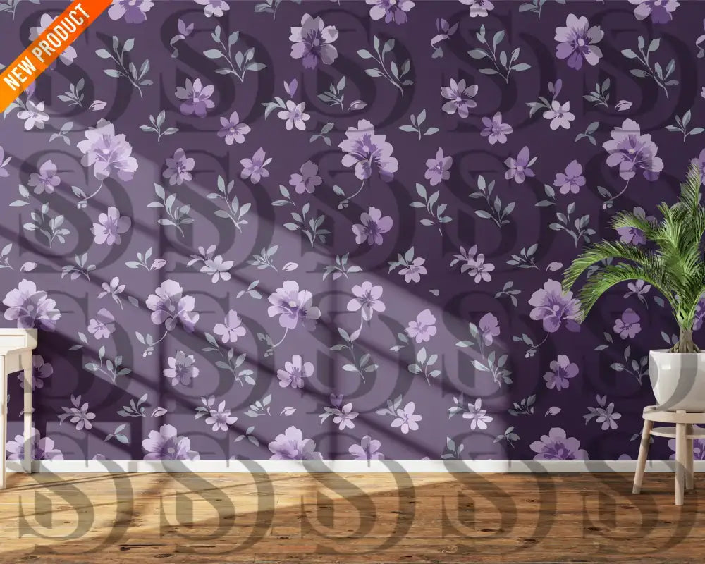 Purple botanical floral wallpaper pattern in a modern interior room setting
