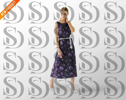 Elegant purple floral seamless pattern displayed on a women’s dress mockup