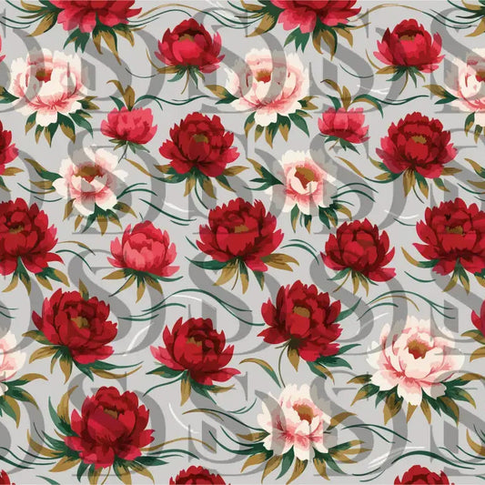 Detailed view of red and blush peony flowers with sage green leaves