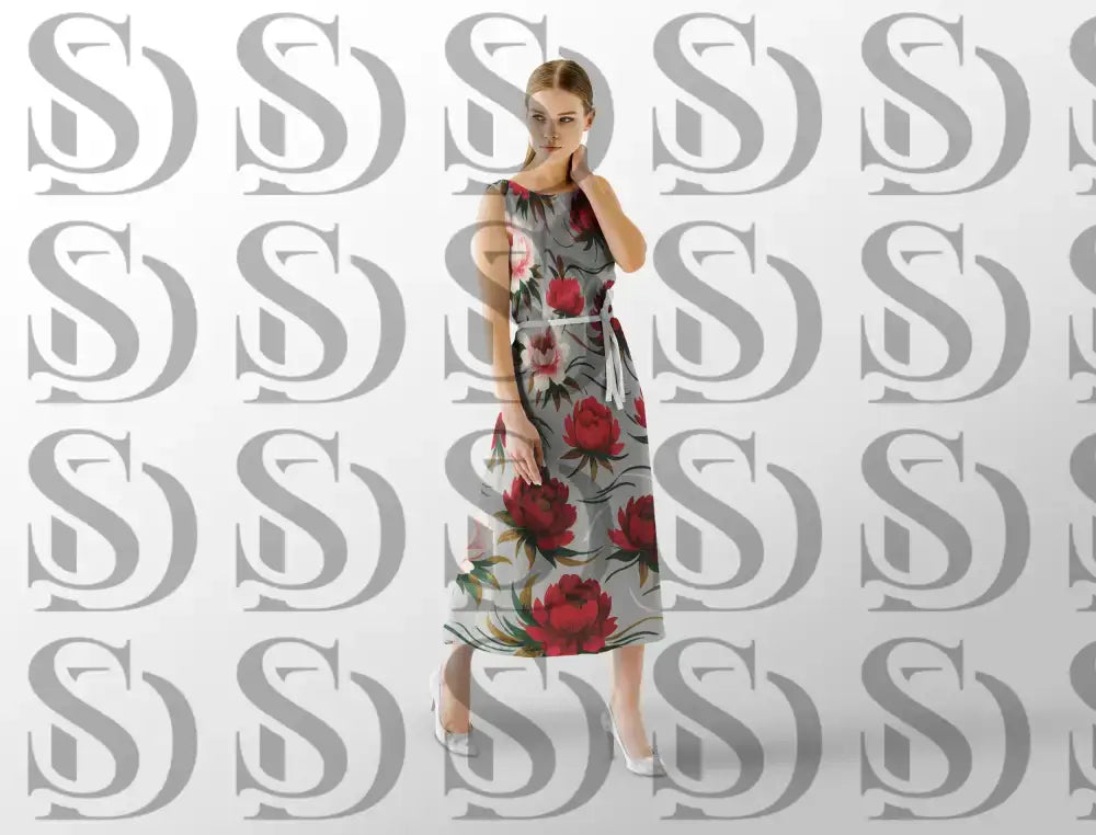 Romantic red peony floral pattern showcased on a flowing dress mockup