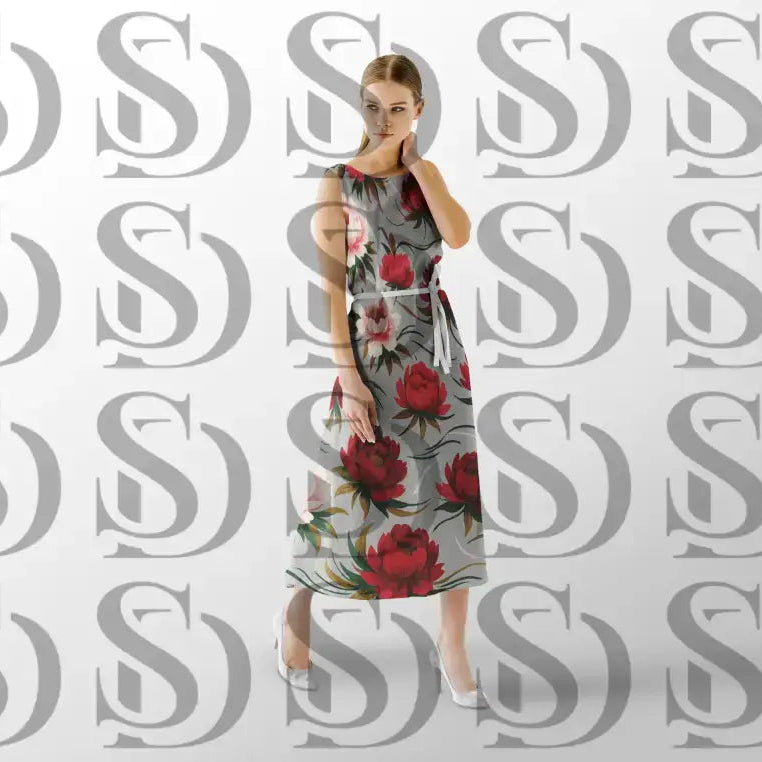 Romantic red peony floral pattern showcased on a flowing dress mockup