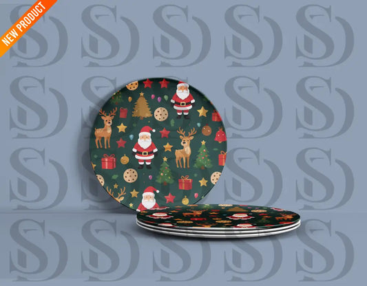 Mockup display of the Santa and reindeer Christmas pattern applied to decorative ceramic plates.