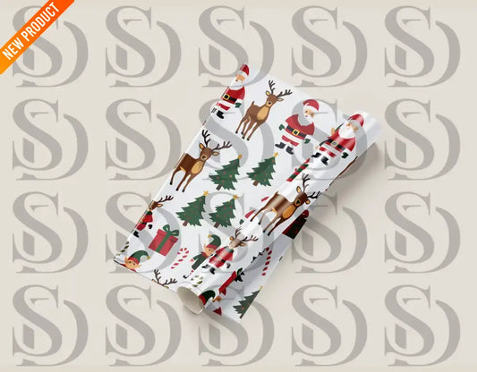 Mockup of rolled wrapping paper displaying the festive Santa and reindeer seamless holiday pattern.