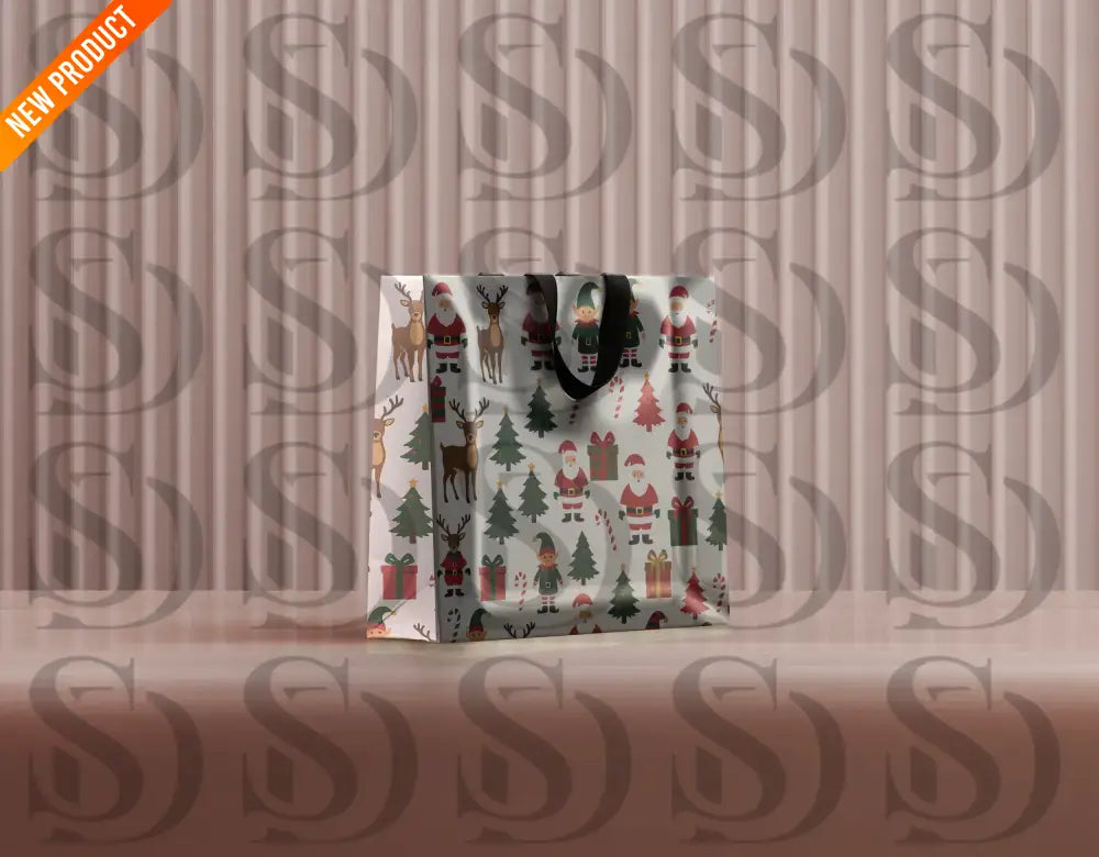 Mockup of a holiday gift bag printed with the festive Santa and reindeer seamless Christmas pattern.