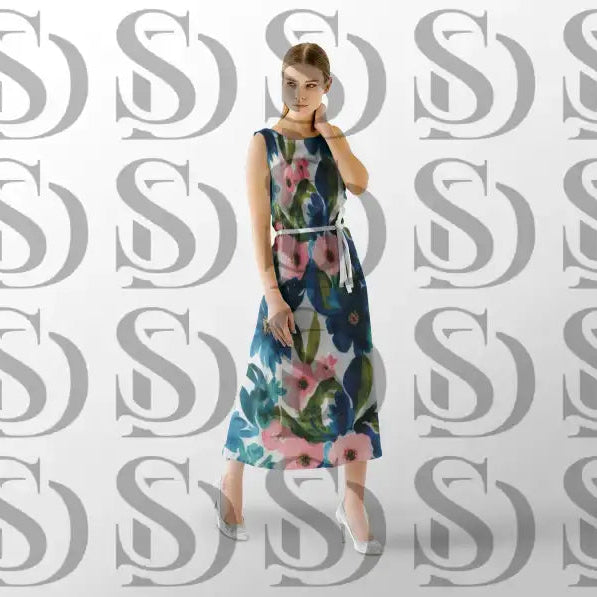 Floral paradise pattern used on elegant women’s dress mockup