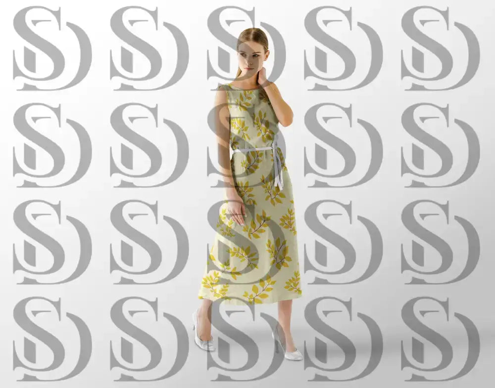 Yellow leaf botanical fabric pattern displayed on elegant dress mockup