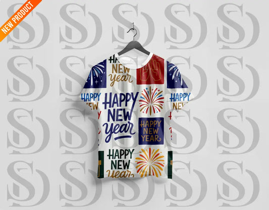 T-shirt mockup featuring New Year celebration seamless pattern with colorful gifts and fireworks