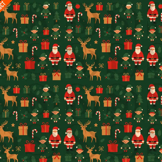 Full seamless pattern tile with Santa, reindeer, gifts, candy canes, holly leaves, and stars on a dark green background.