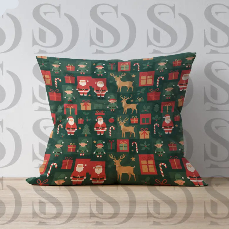 Cushion mockup featuring the Christmas Santa and Reindeer seamless pattern on a dark green background