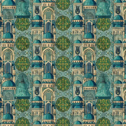 Islamic Architecture Mosaic – Teal & Gold Masjid Domes & Arches Seamless Pattern Seamless Pattern