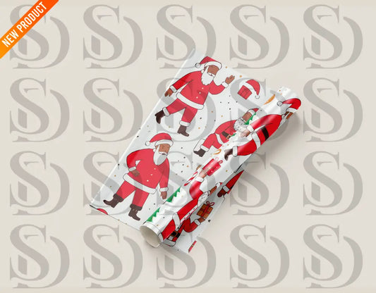 Mockup of rolled wrapping paper showcasing the jolly Santa seamless Christmas pattern.
