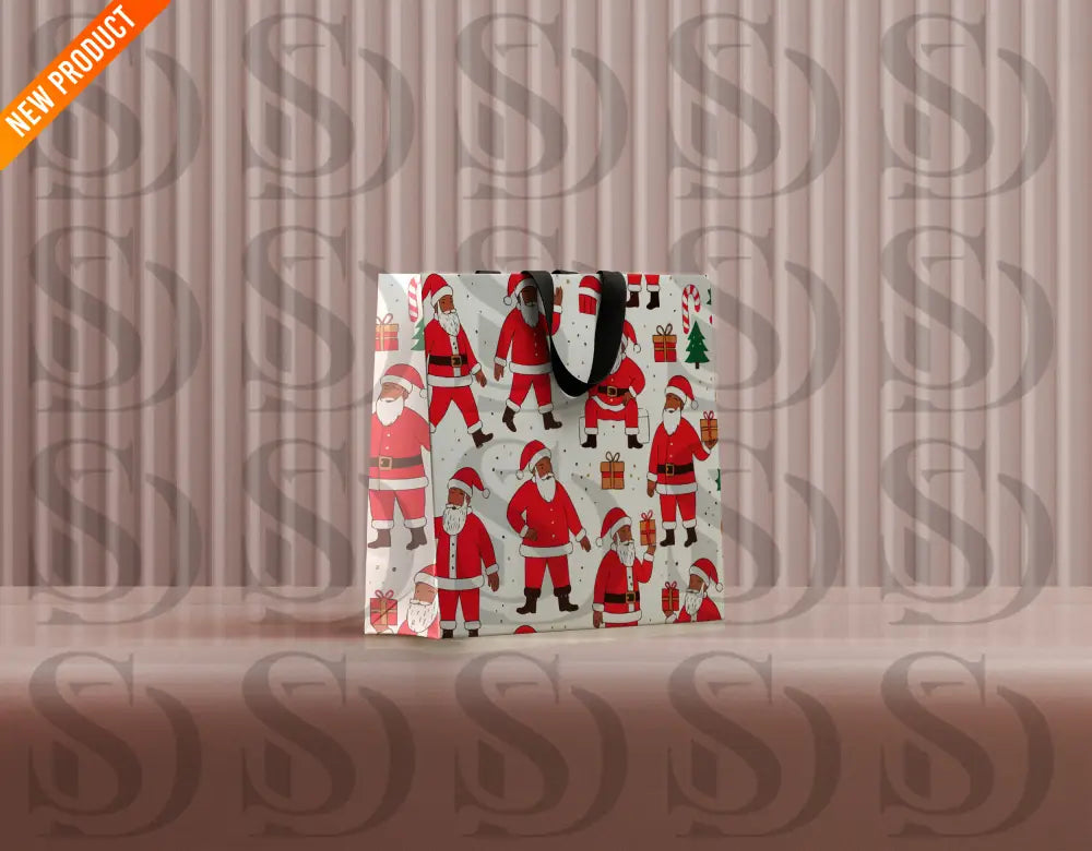 Mockup of a holiday gift bag printed with the jolly Santa seamless Christmas pattern.