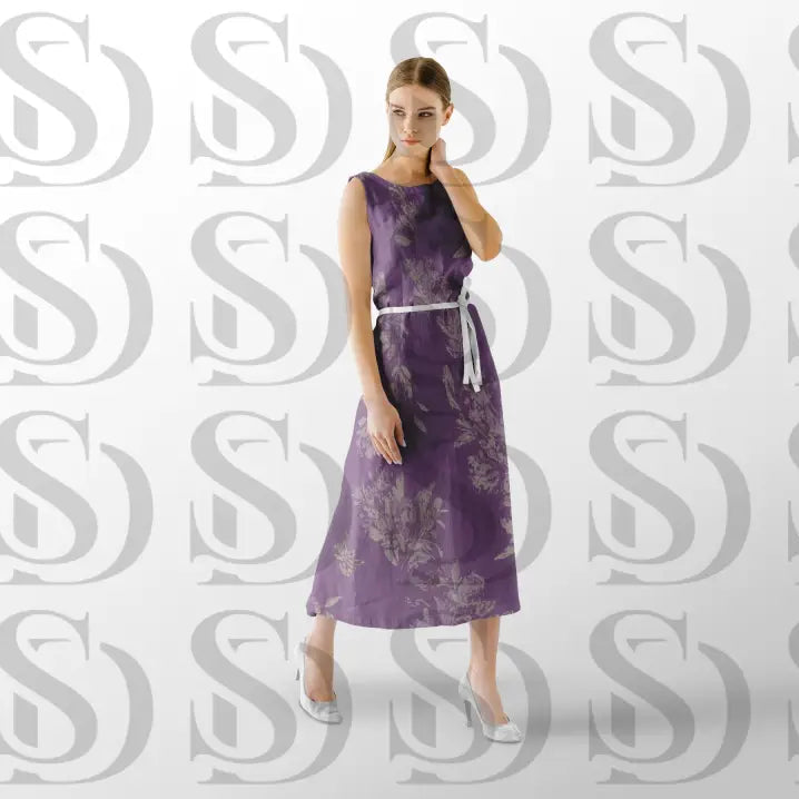 Lavender floral fabric pattern used in women’s sleeveless dress design