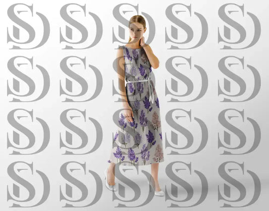 Elegant lavender botanical pattern shown on a flowing dress mockup