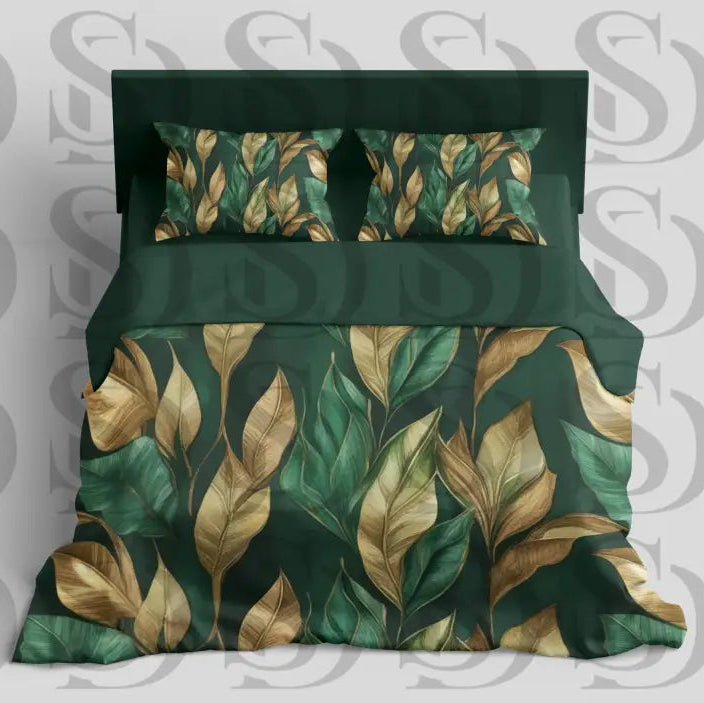 Green and gold botanical leaf pattern bedding mockup
