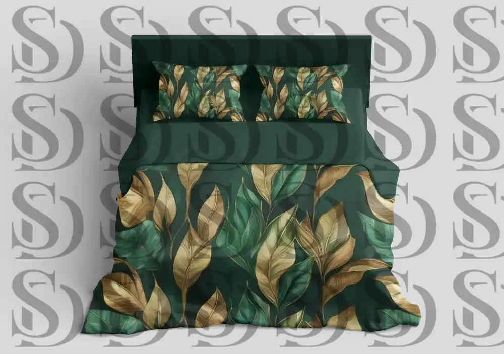 Green and gold botanical leaf pattern bedding mockup