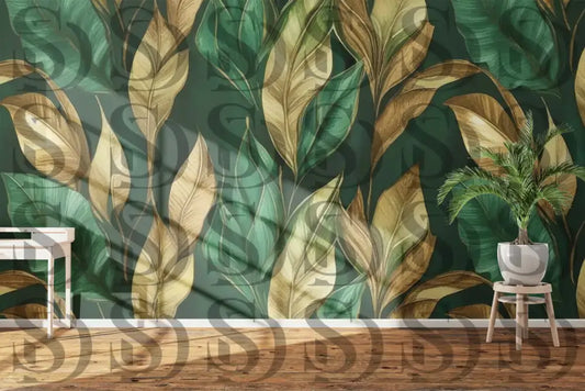 Elegant botanical leaves wallpaper in modern interior