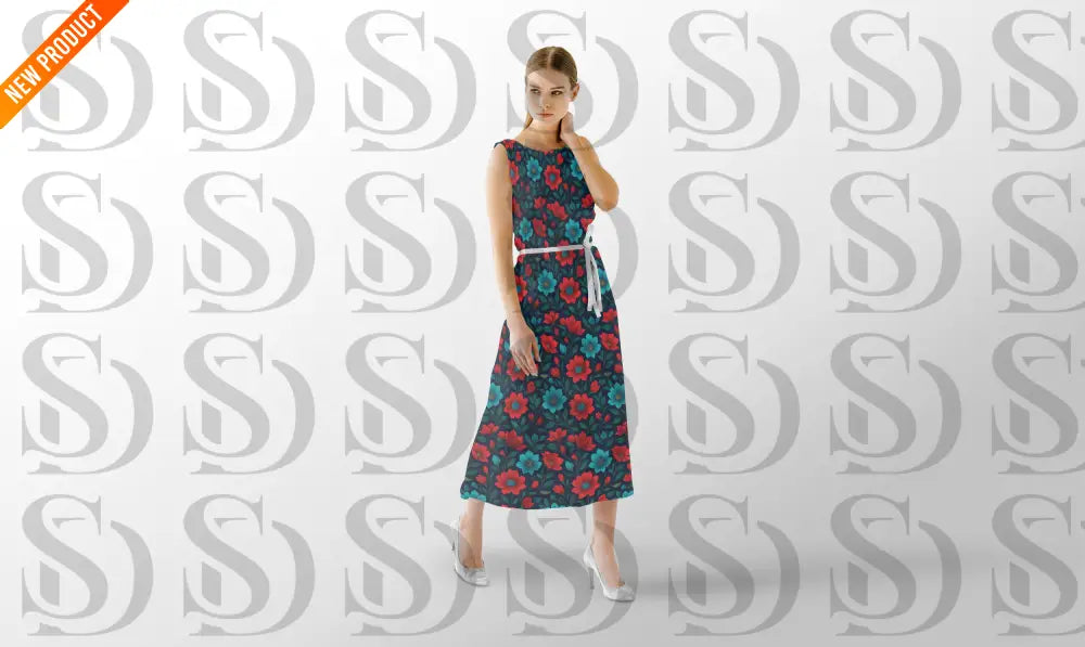 Midi dress featuring a seamless floral pattern with red and teal flowers on a dark background, showcasing elegant fabric and fashion application