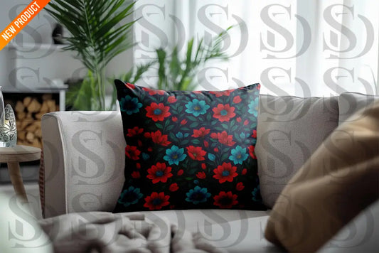 Decorative throw pillow with seamless red and teal floral pattern on dark background displayed on a modern sofa for home décor inspiration