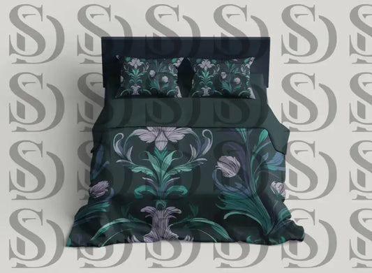 Luxury bedding set featuring midnight botanical damask pattern