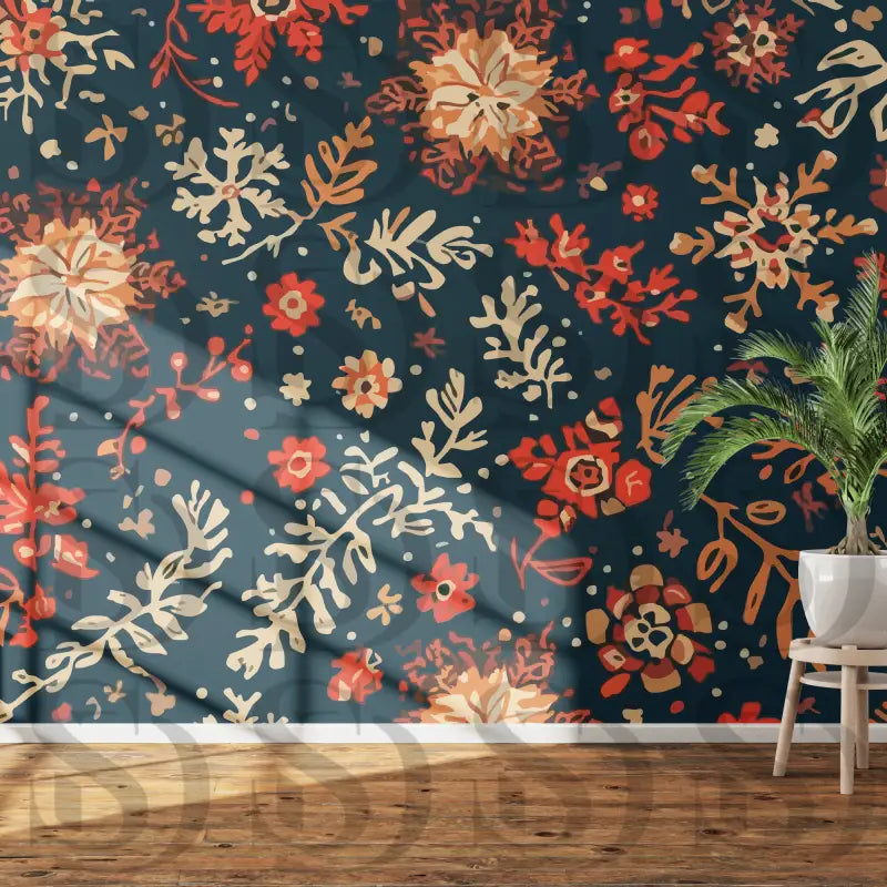 Room interior mockup featuring a dark midnight blue wallpaper with warm coral and peach floral seamless pattern, sunlight casting shadows across the wall.