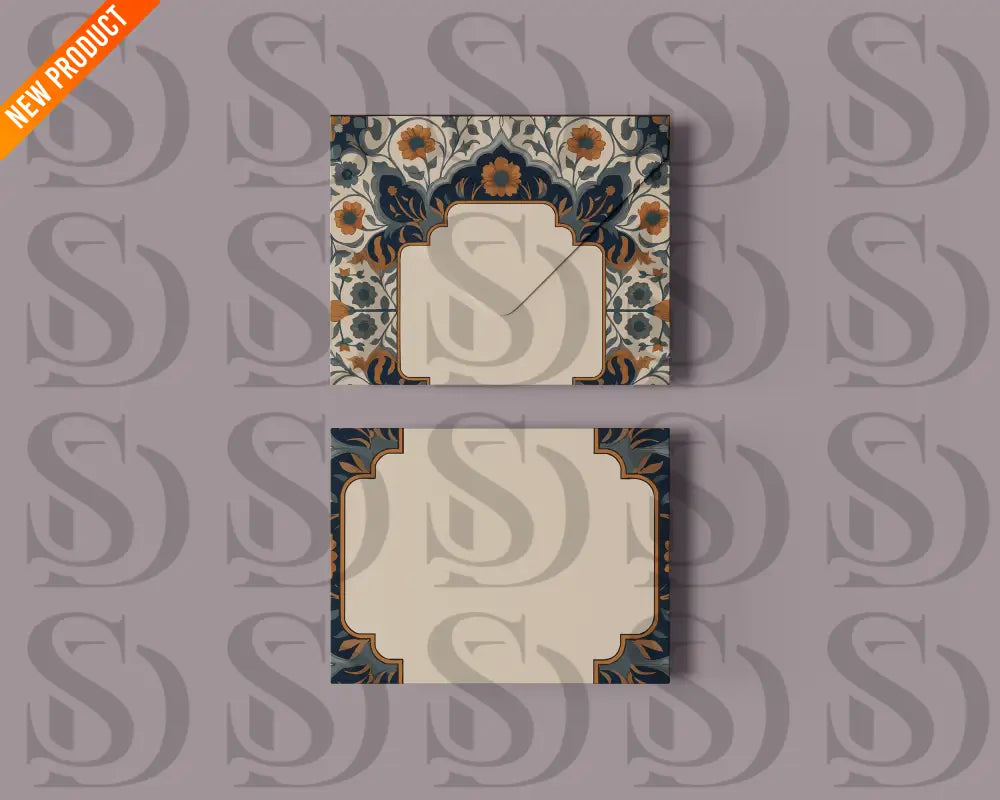 Wedding card and matching envelope mockup showcasing a midnight blue and gold Mughal floral frame on a soft lavender backdrop.