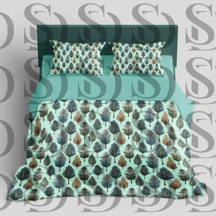 Modern leaf harmony botanical pattern displayed on a stylish bedding mockup