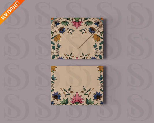 Envelope and card mockup showcasing Mughal floral frame artwork displayed on a soft lavender background.