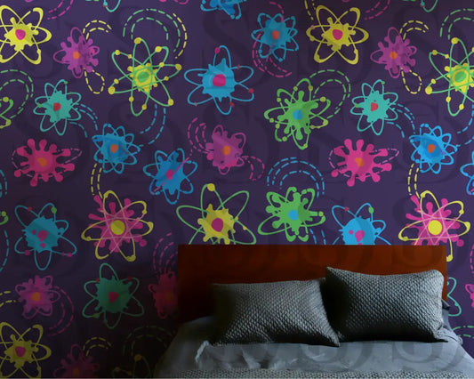 Neon Atomic Orbit Doodles Seamless Pattern