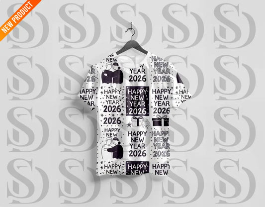 T-shirt mockup showcasing a "Happy New Year 2026" seamless pattern with fireworks and gifts in bright colors.