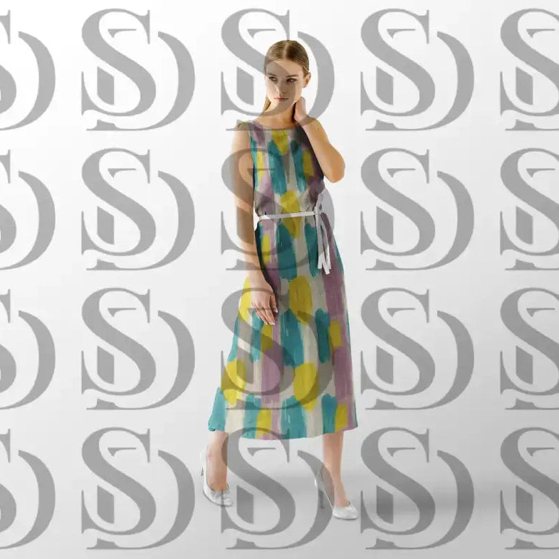 Modern pastel brush pattern displayed on a fabric dress mockup
