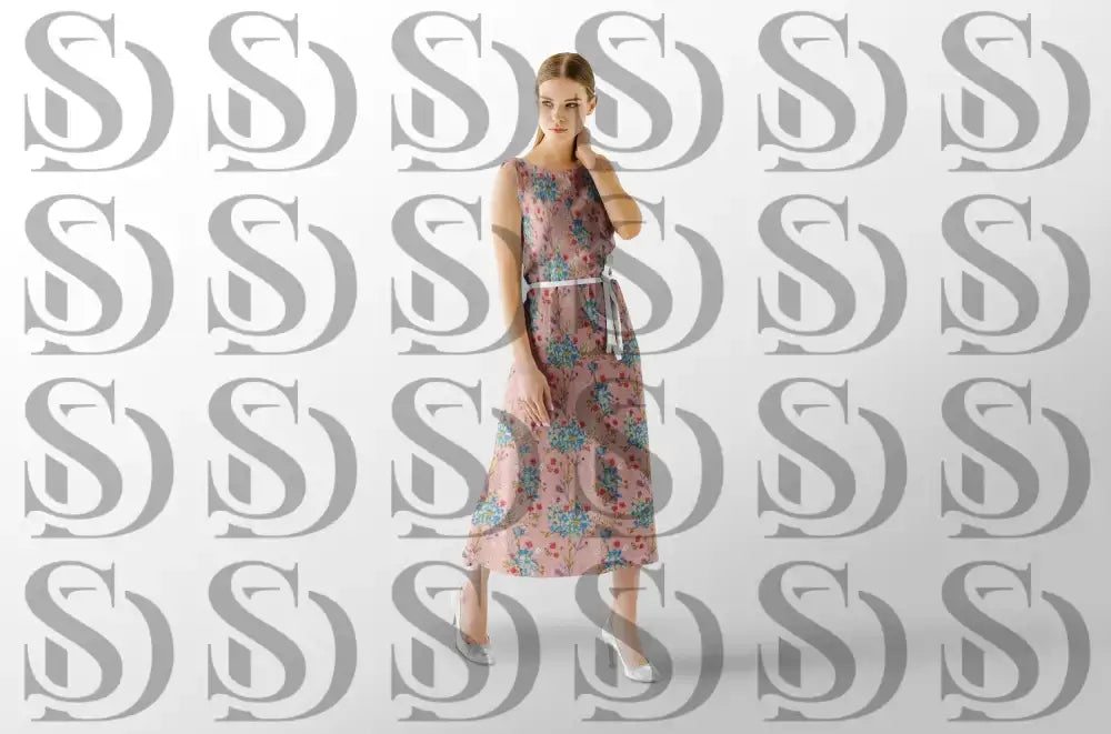 Elegant pastel floral fabric design shown on a flowing dress mockup
