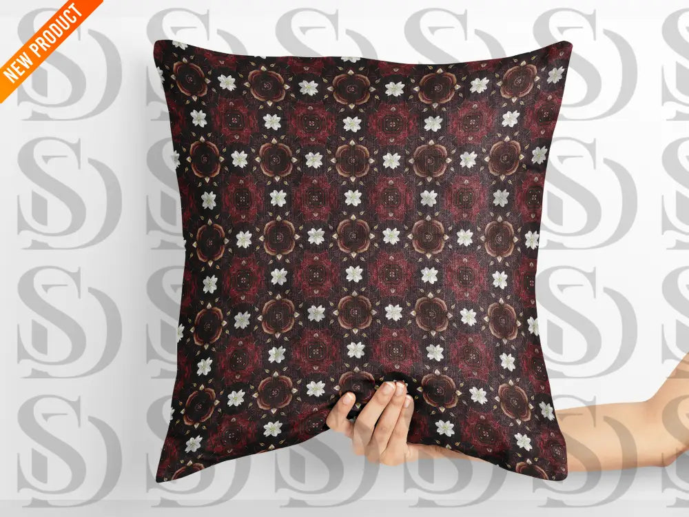Decorative cushion featuring burgundy floral damask seamless pattern