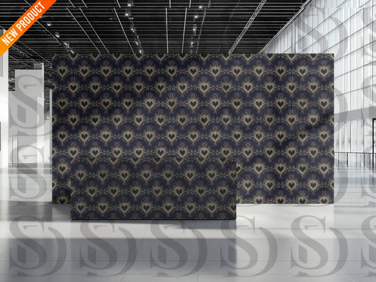 Interior wallpaper display featuring gold heart ornament pattern