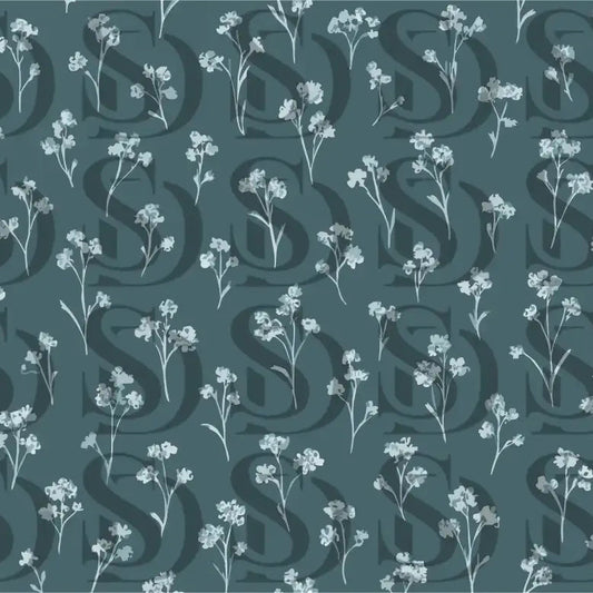 Seamless botanical pattern with white floral sprigs on teal background