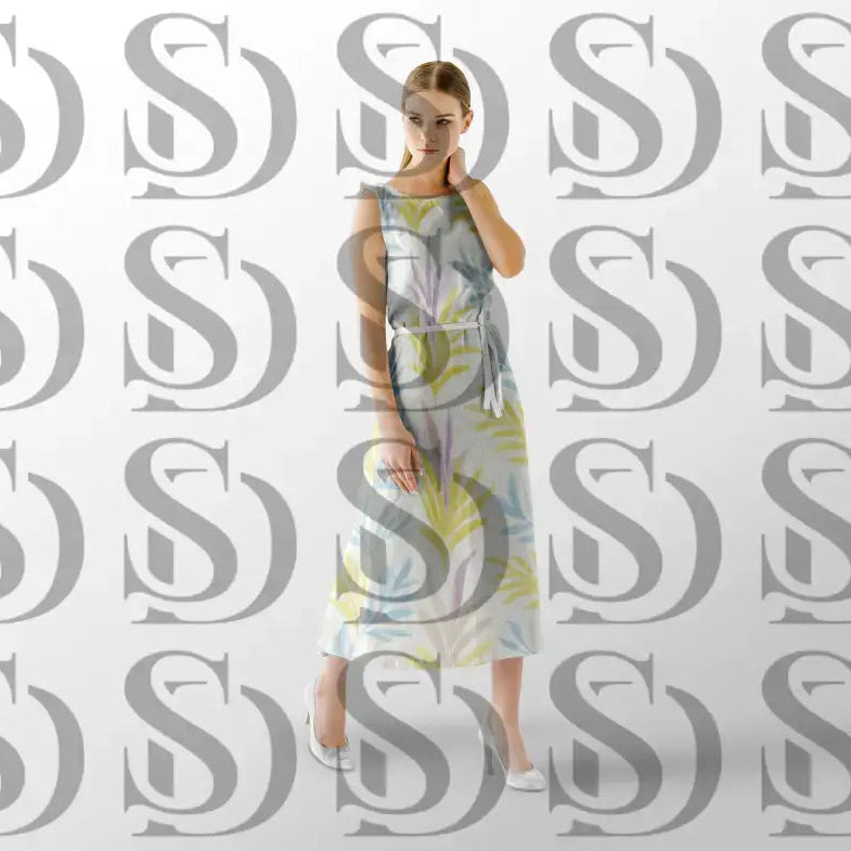 Soft pastel botanical leaf seamless pattern displayed on a women’s dress mockup