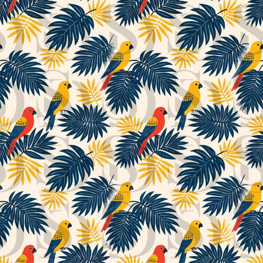 Seamless tropical pattern with canary birds and palm leaves
