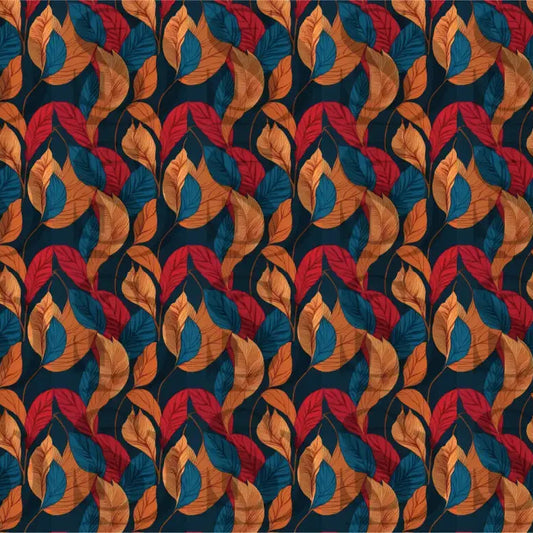 Detailed view of vibrant autumn leaves seamless pattern in teal and rust tones